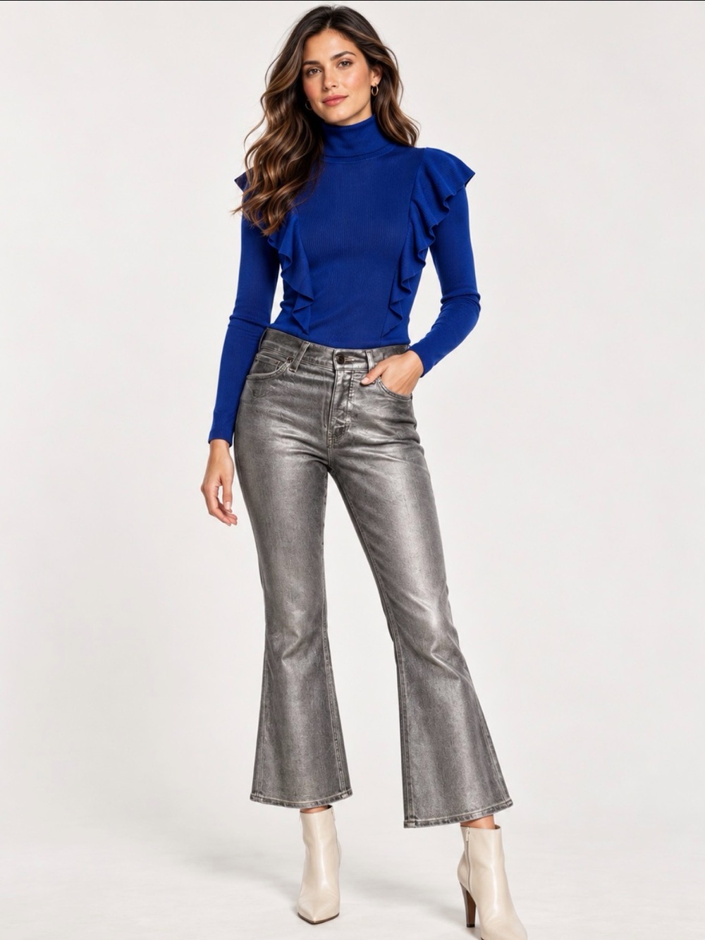 Veronica Beard Cobalt Ruffle Turtleneck S + Carson Metallic Flare Jeans 27